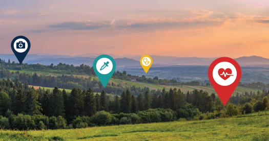 Hilly rural landscape with health icons
